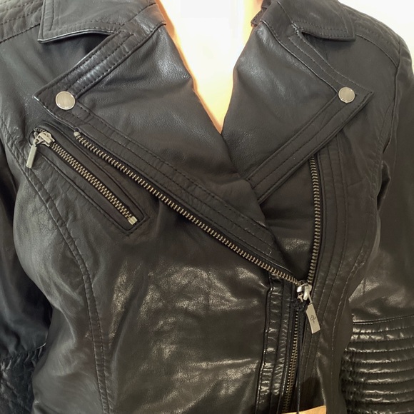 NWT Cole Haan Black Leather Moto Jacket Medium - Picture 5 of 14